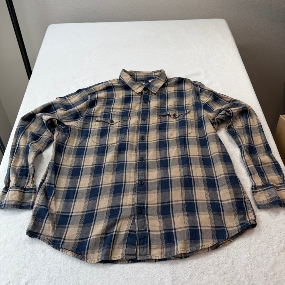 Levi's Plaid Flannel Shirt Mens XXL Blue Tan Good Standard Fit 14249-0002
